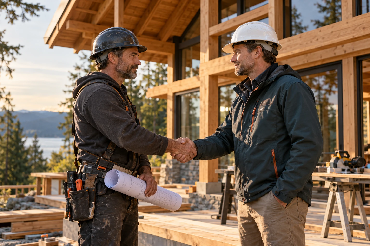 Illustrative image of two construction professionals shaking hands at a timber-framed home, representing dedication, craftsmanship, and trust