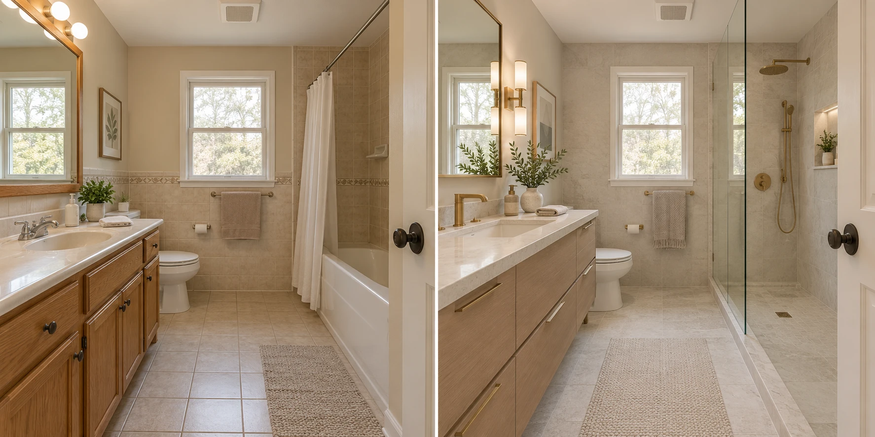 Illustrative before-and-after bathroom concept: dated bathroom transformed with a modern vanity and glass shower