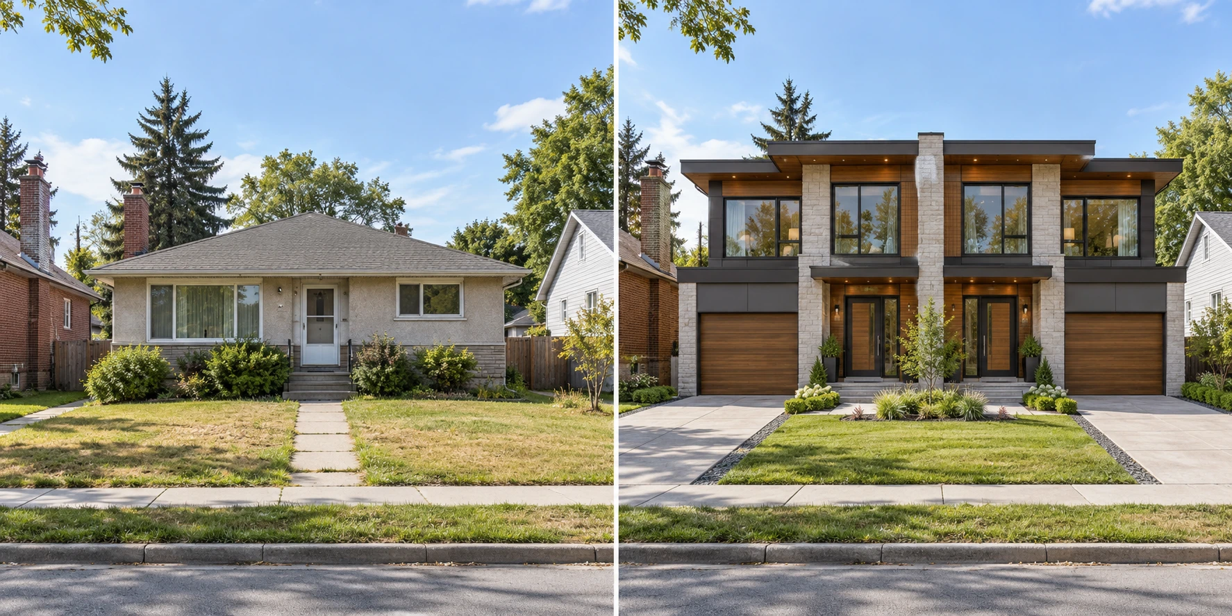 Illustrative redevelopment concept comparing an older single-family home with a new modern duplex on the same lot