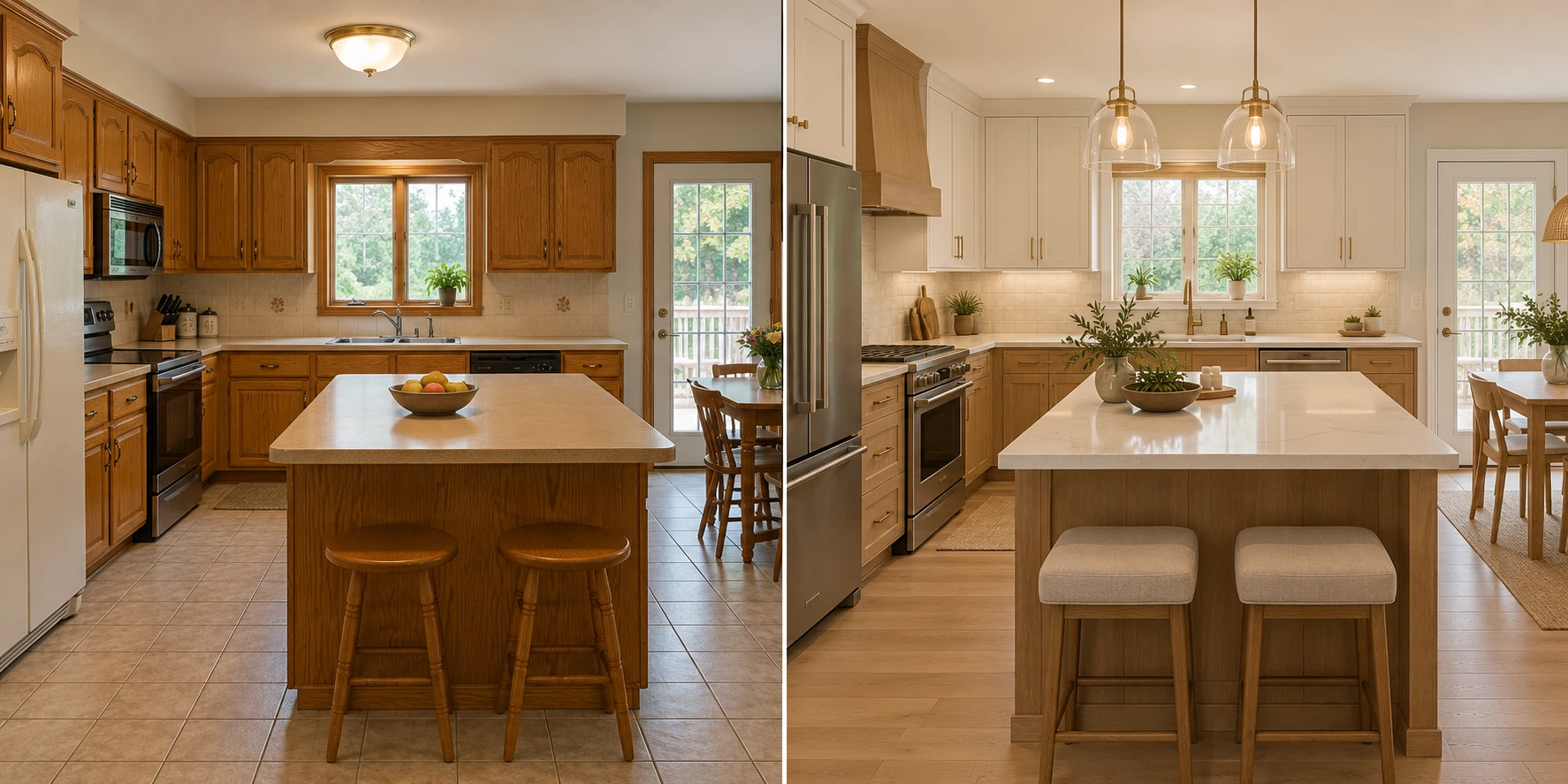 Illustrative before-and-after kitchen concept: dated oak kitchen transformed into a contemporary kitchen