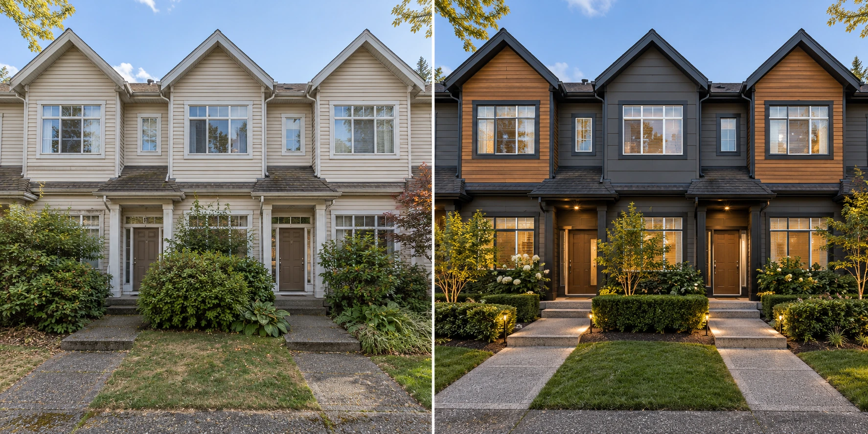 Illustrative townhouse exterior before-and-after concept showing refreshed siding, trim, walkways, and landscaping